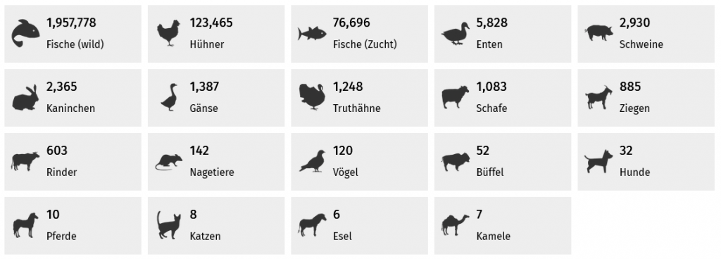 Tabelle die anzeigt wie viele Tiere getötet wurden während du die Seite besuchst. Screenshot Wilder Fisch 2,396,087 Fische (wild) Hühner 151,107 Hühner Fisch aus Zucht 93,867 Fische (Zucht) Ente 7,133 Enten Schweine 3,586 Schweine Kaninchen 2,894 Kaninchen Gans 1,697 Gänse Truthähne 1,527 Truthähne Schafe 1,326 Schafe Ziegen 1,083 Ziegen Rind 738 Rinder Maus 174 Nagetiere Vögel 147 Vögel Büffel 64 Büffel Hunde 40 Hunde Pferde 12 Pferde Katzen 10 Katzen test 8 Esel test 8 Kamele